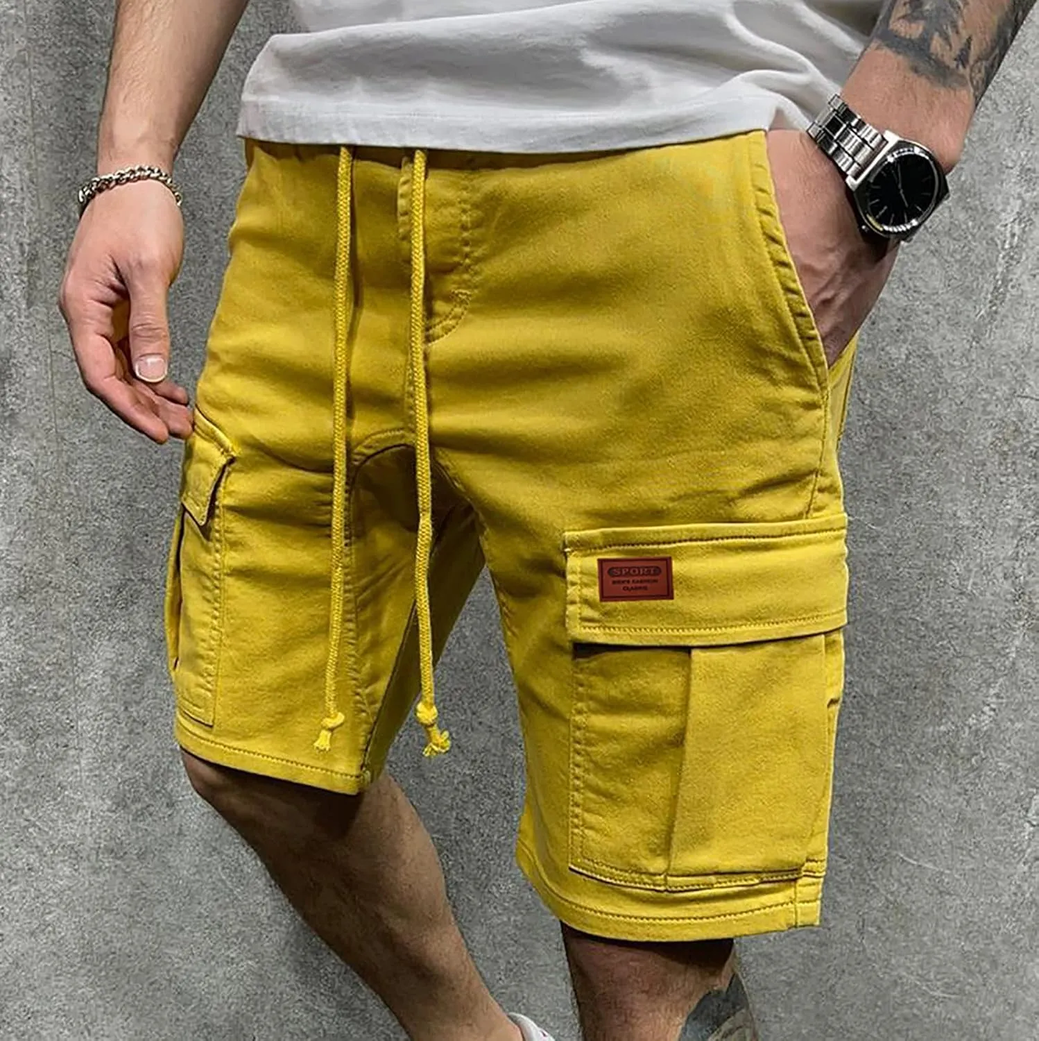 Finelylove Mens Shorts Casual Elastic Waist Drawstring Cargo Shorts Summer Lightweight Workout Jogger Pants with Pockets
