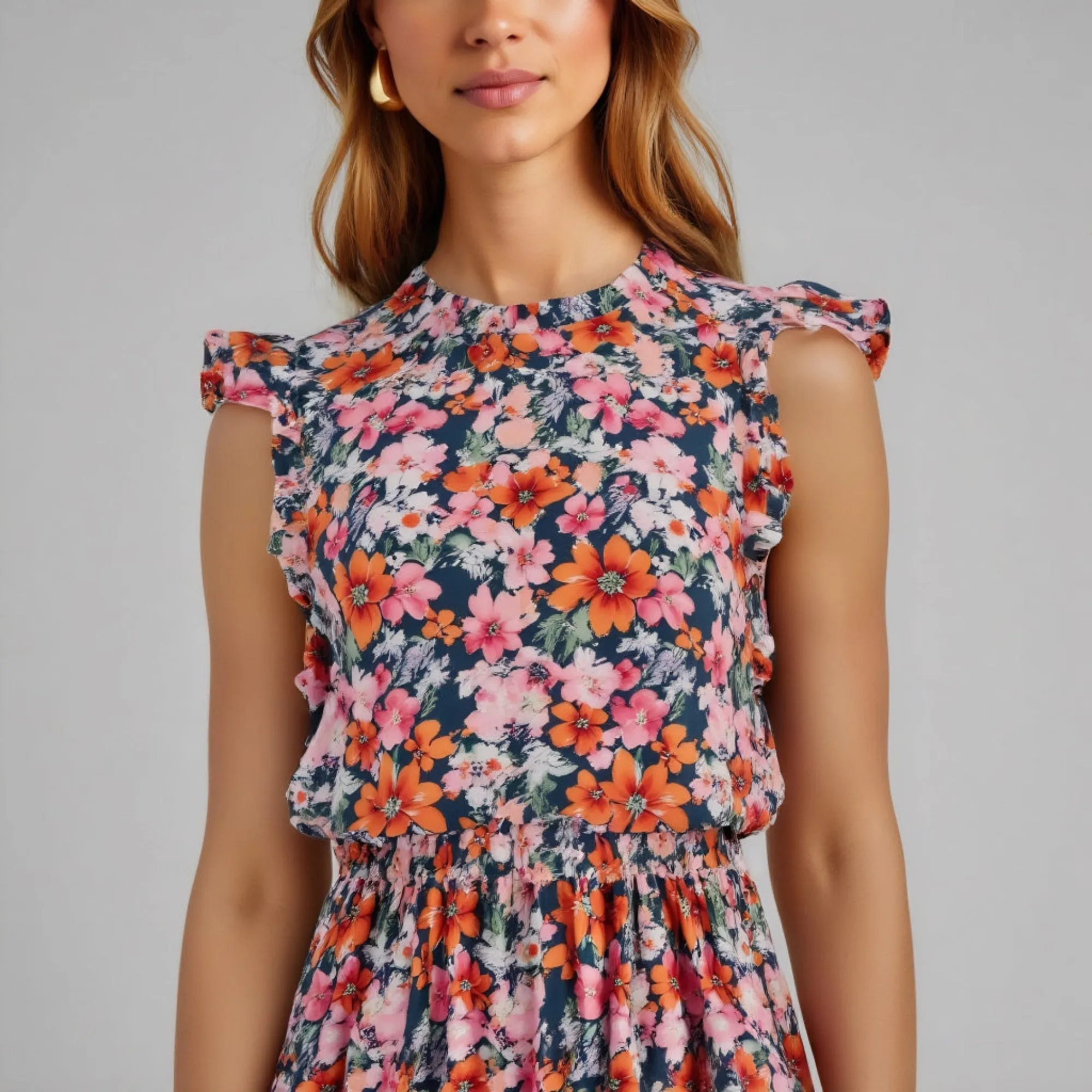 Floral Ruffle Cap Sleeve Mini Dress with Tiered Skirt High Neck