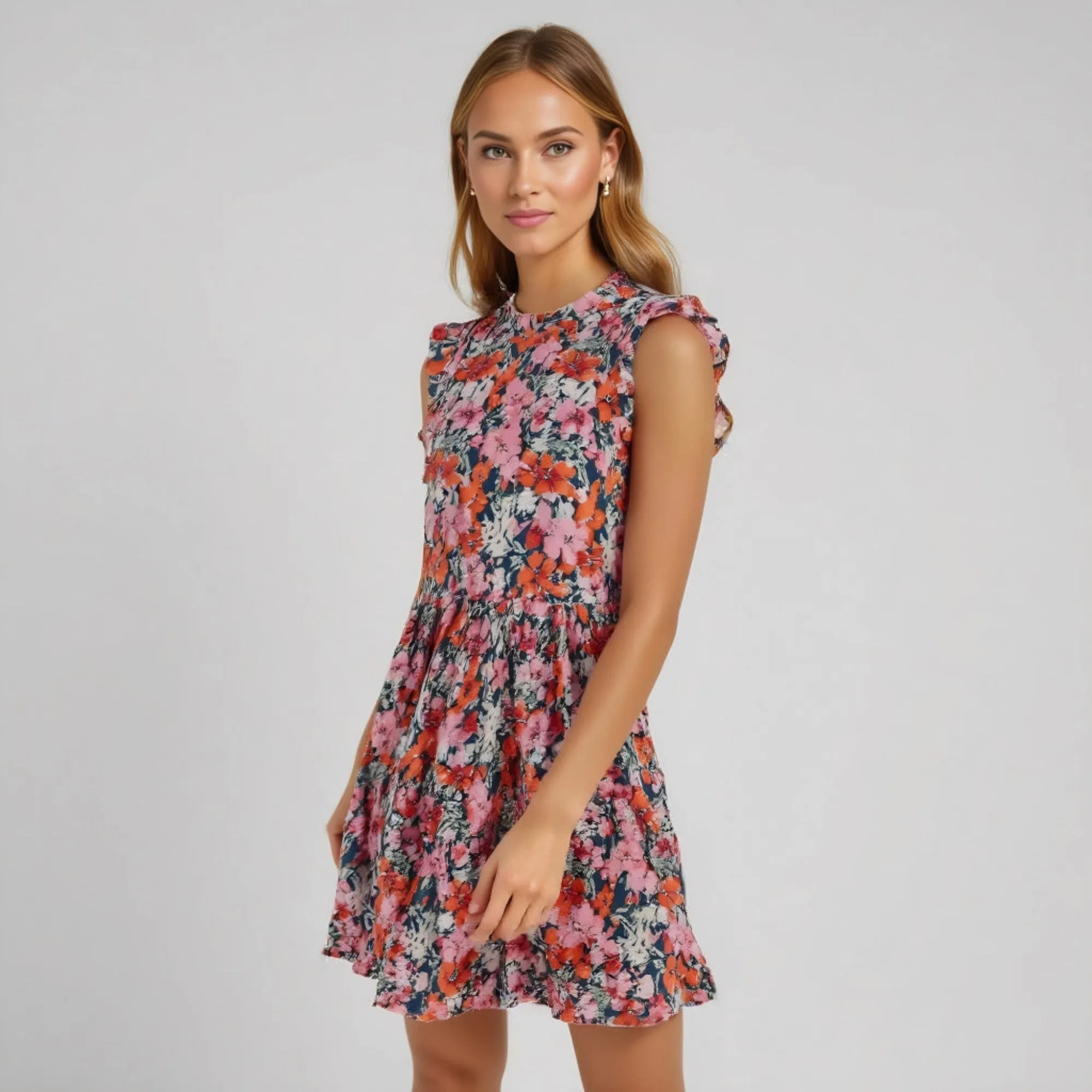 Floral Ruffle Cap Sleeve Mini Dress with Tiered Skirt High Neck