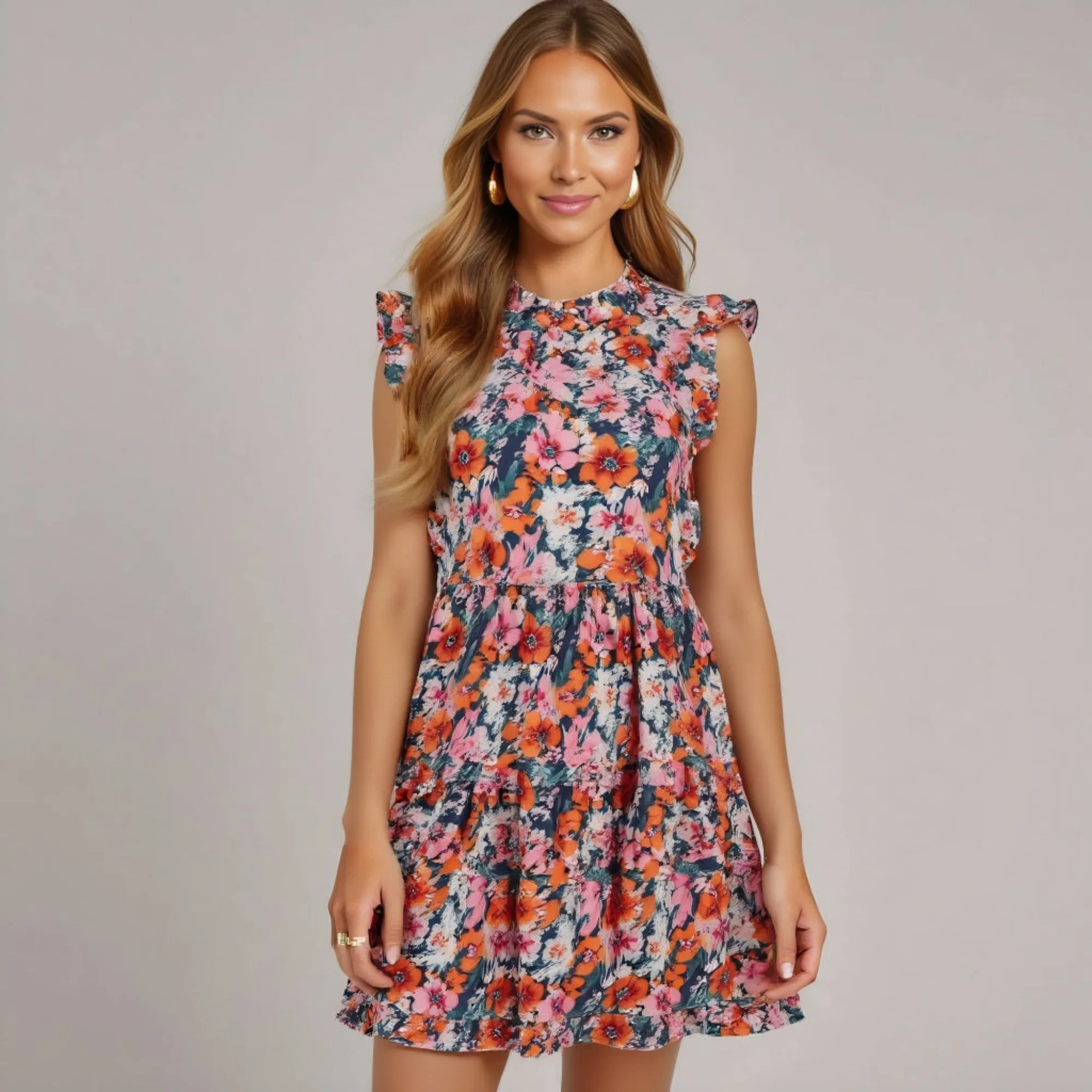 Floral Ruffle Cap Sleeve Mini Dress with Tiered Skirt High Neck