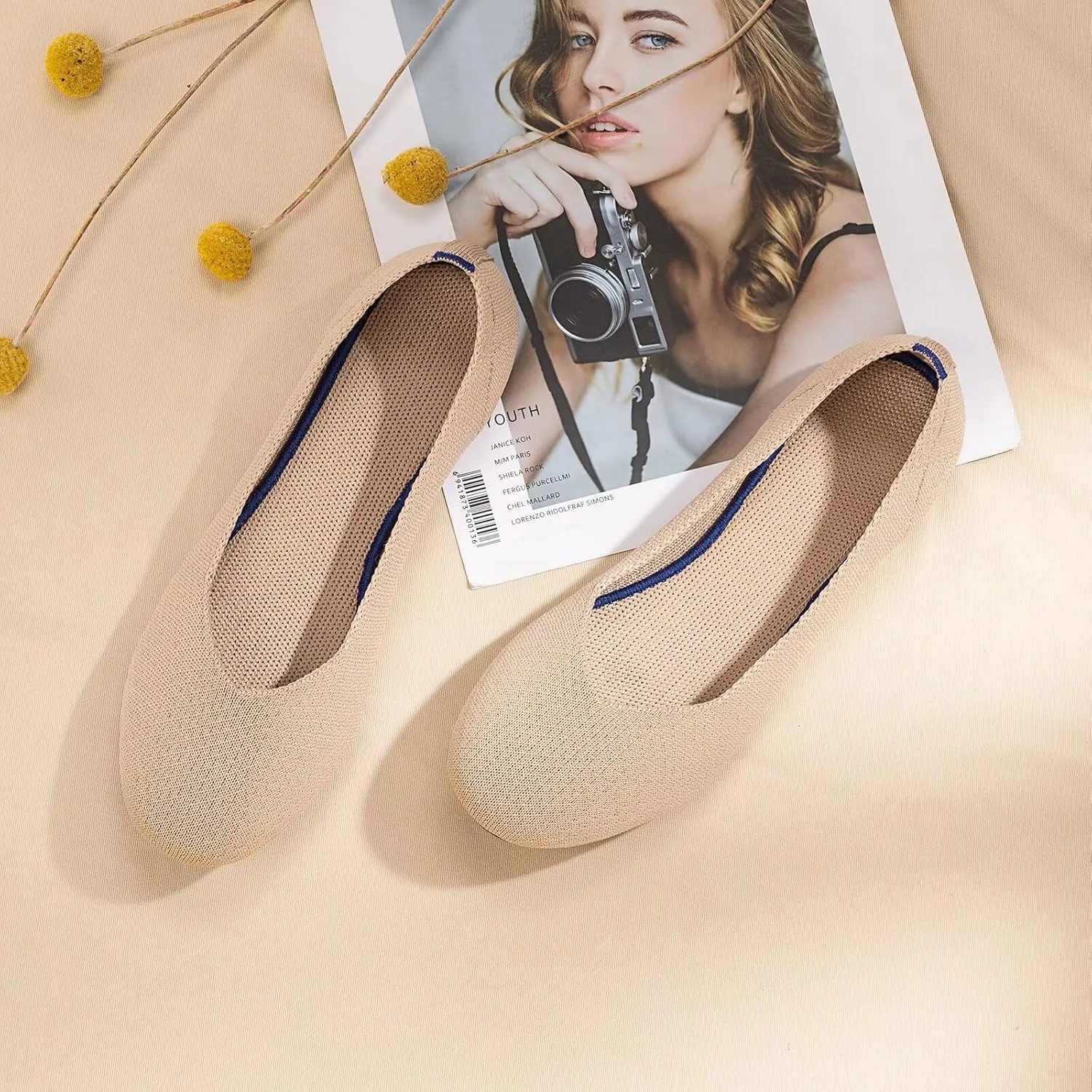 Frank Mully Womens Ballet Flat Shoes Knit Dress Shoes Round Toe Slip On Ballerina Walking Flats Shoes for Woman Low Wedge Comfort Soft