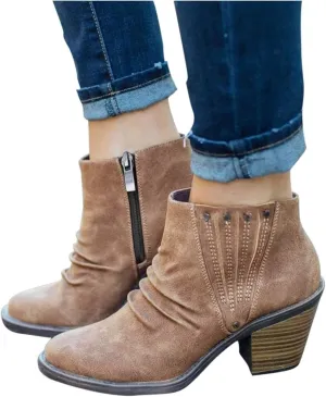 Gibobby Ankle Booties for Women Low Heel,Womens Ankle Boots Pointed Toe Faux Stacked Chunky Heels Tassels Side Zipper Booties