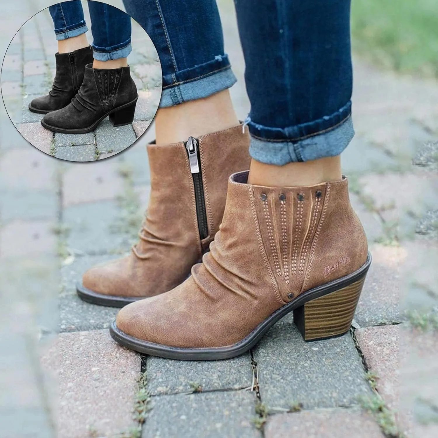 Gibobby Ankle Booties for Women Low Heel,Womens Ankle Boots Pointed Toe Faux Stacked Chunky Heels Tassels Side Zipper Booties