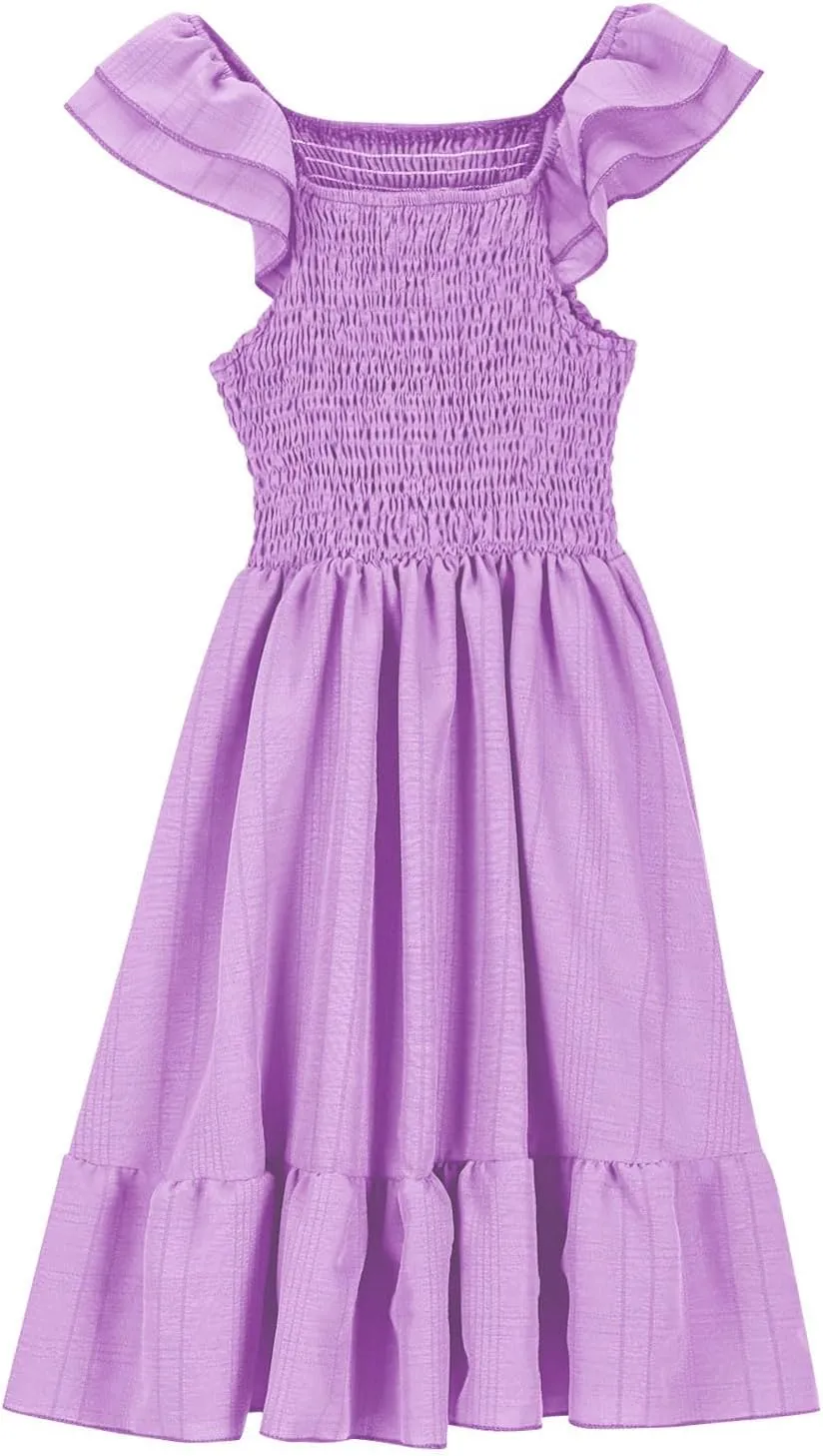 Girls Summer Dresses Casual Boho Smocked Ruffle Beach Mini Sundress Flared Sleeve Layered Flowy Swing Dress 3-14T