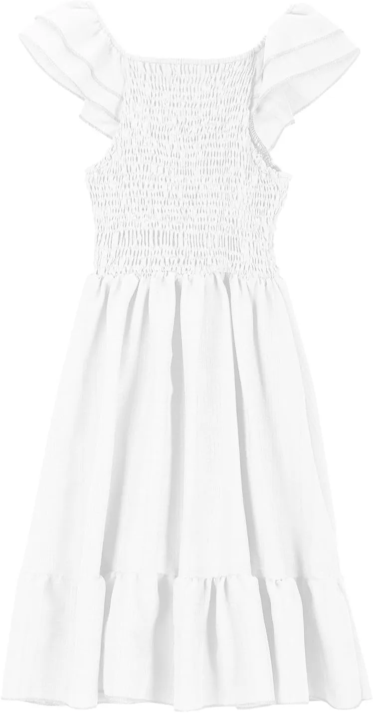 Girls Summer Dresses Casual Boho Smocked Ruffle Beach Mini Sundress Flared Sleeve Layered Flowy Swing Dress 3-14T