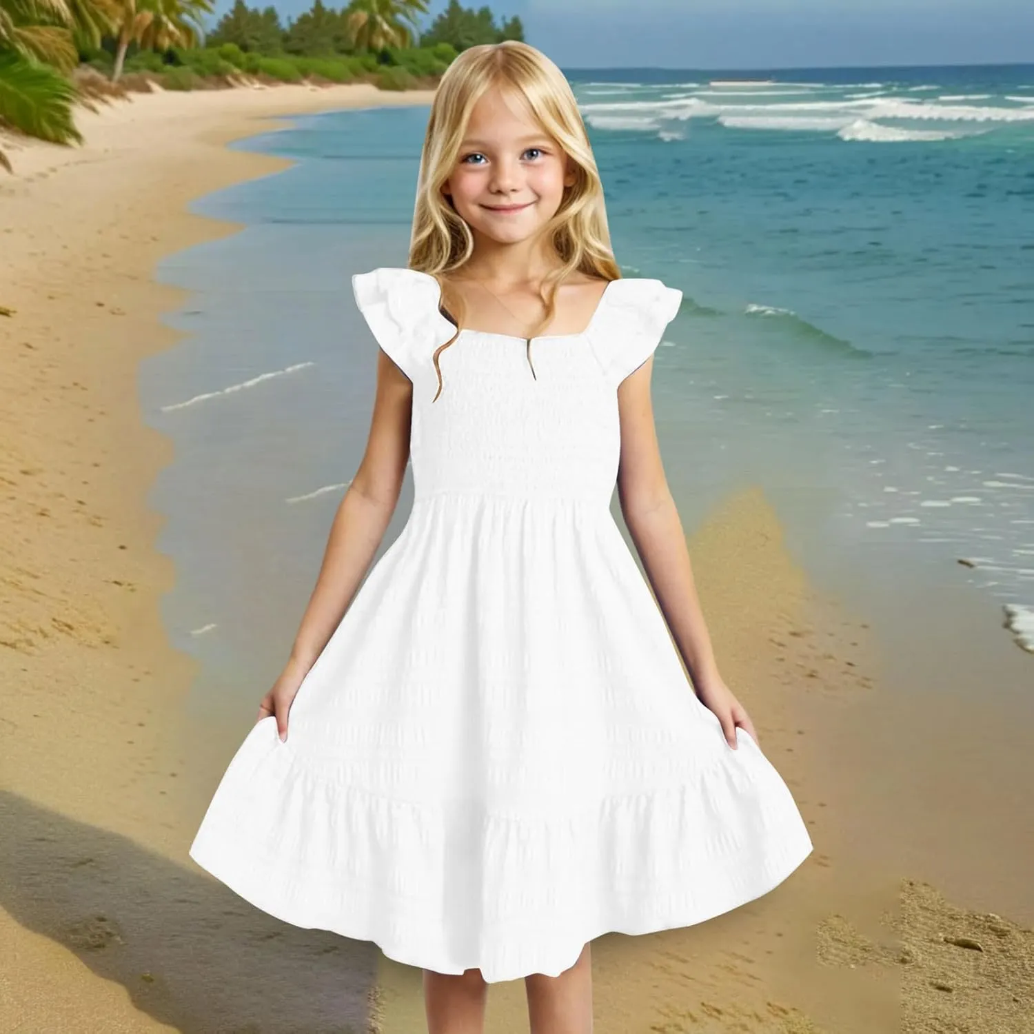 Girls Summer Dresses Casual Boho Smocked Ruffle Beach Mini Sundress Flared Sleeve Layered Flowy Swing Dress 3-14T