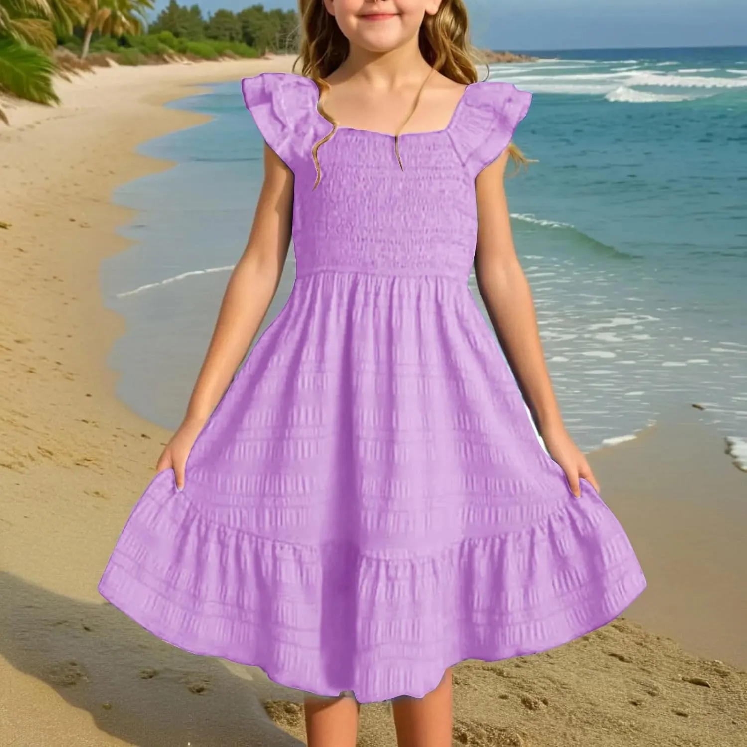 Girls Summer Dresses Casual Boho Smocked Ruffle Beach Mini Sundress Flared Sleeve Layered Flowy Swing Dress 3-14T