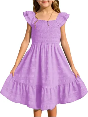 Girls Summer Dresses Casual Boho Smocked Ruffle Beach Mini Sundress Flared Sleeve Layered Flowy Swing Dress 3-14T