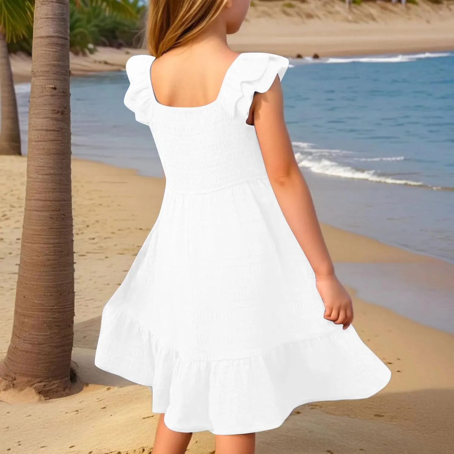 Girls Summer Dresses Casual Boho Smocked Ruffle Beach Mini Sundress Flared Sleeve Layered Flowy Swing Dress 3-14T