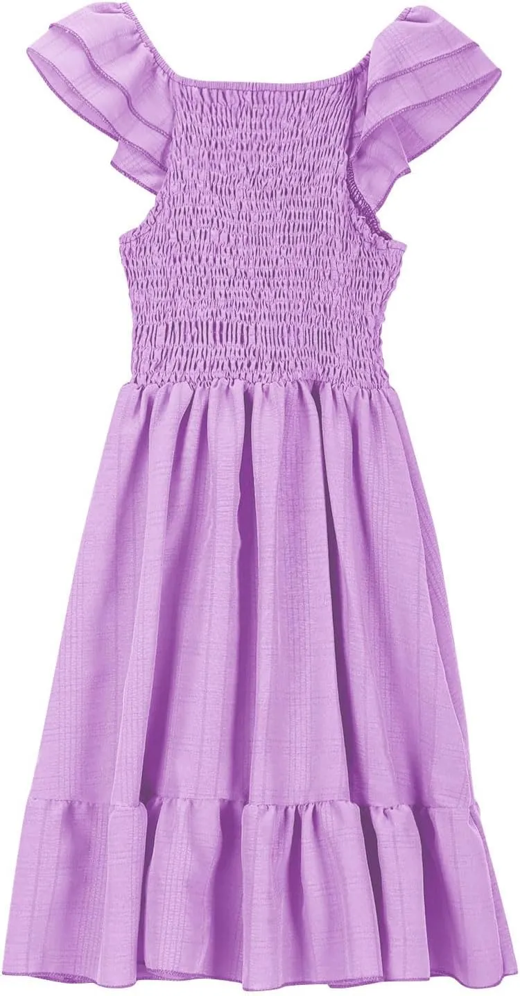 Girls Summer Dresses Casual Boho Smocked Ruffle Beach Mini Sundress Flared Sleeve Layered Flowy Swing Dress 3-14T