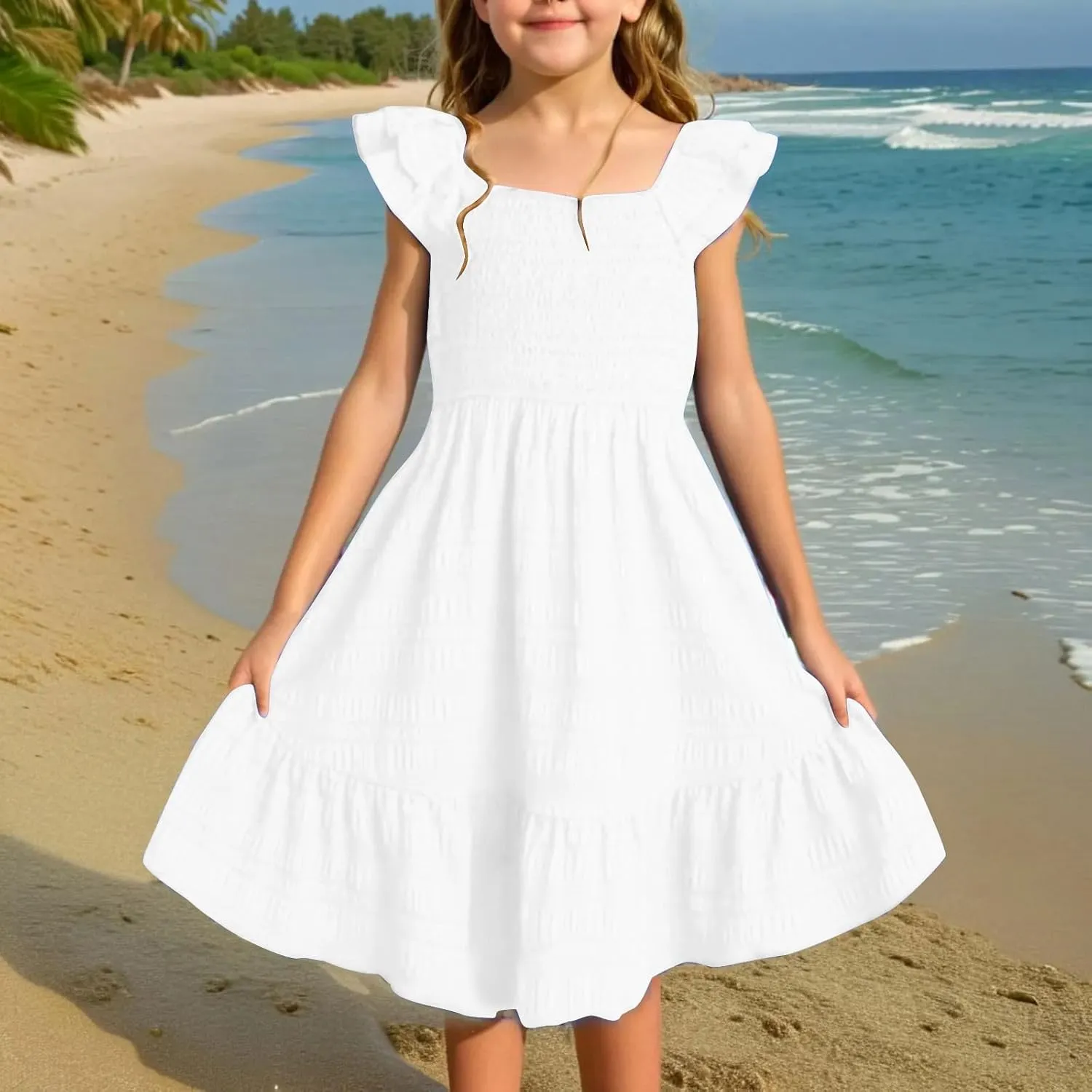 Girls Summer Dresses Casual Boho Smocked Ruffle Beach Mini Sundress Flared Sleeve Layered Flowy Swing Dress 3-14T
