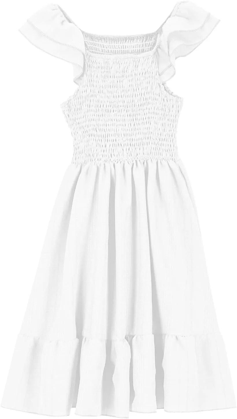 Girls Summer Dresses Casual Boho Smocked Ruffle Beach Mini Sundress Flared Sleeve Layered Flowy Swing Dress 3-14T