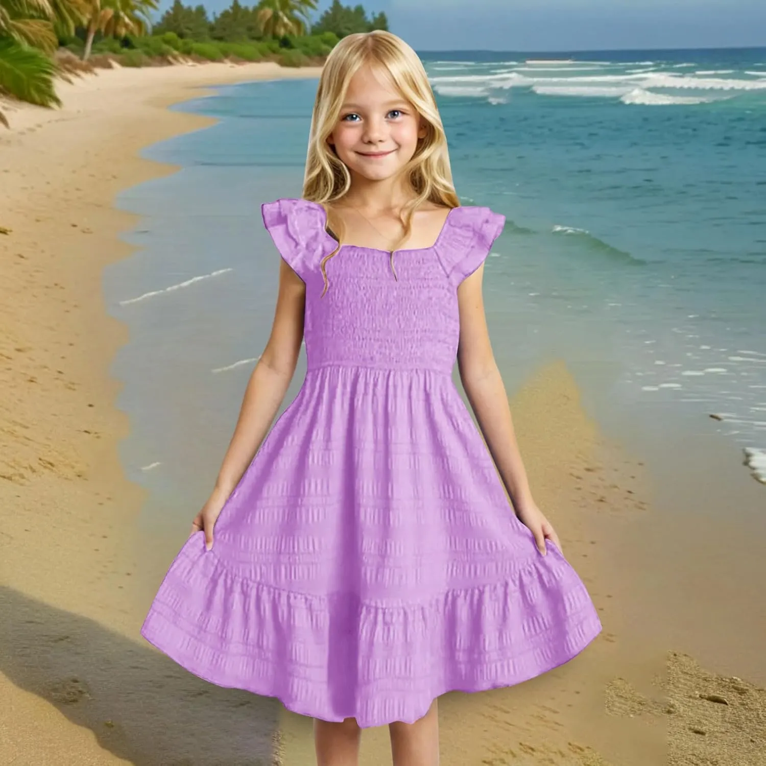 Girls Summer Dresses Casual Boho Smocked Ruffle Beach Mini Sundress Flared Sleeve Layered Flowy Swing Dress 3-14T
