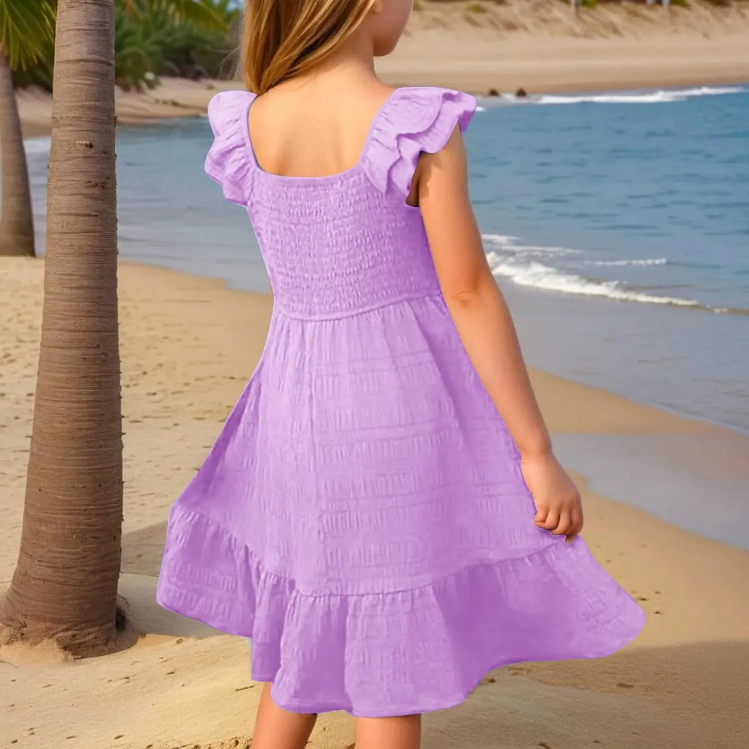Girls Summer Dresses Casual Boho Smocked Ruffle Beach Mini Sundress Flared Sleeve Layered Flowy Swing Dress 3-14T