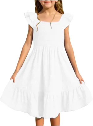 Girls Summer Dresses Casual Boho Smocked Ruffle Beach Mini Sundress Flared Sleeve Layered Flowy Swing Dress 3-14T