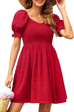 Holipick Womens Summer Dress - Smocked Sweetheart Neckline Puff Sleeve Flowy A-Line Short Cute Casual Spring Dresses for Teen