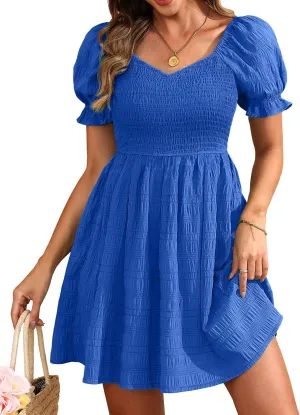 Holipick Womens Summer Dress - Smocked Sweetheart Neckline Puff Sleeve Flowy A-Line Short Cute Casual Spring Dresses for Teen