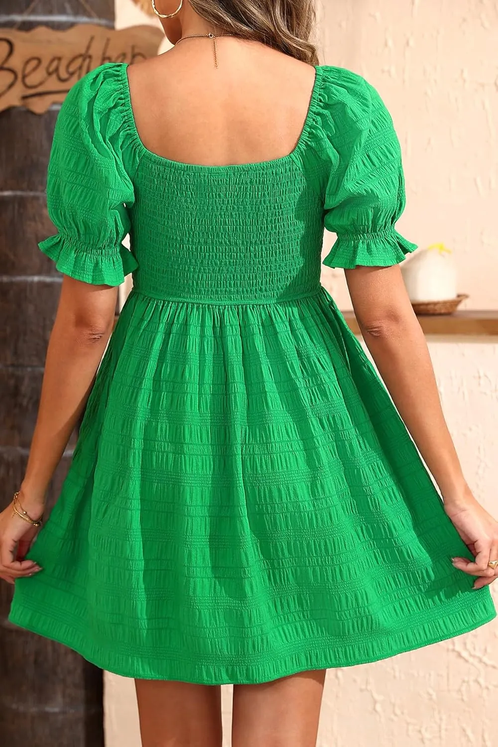Holipick Womens Summer Dress - Smocked Sweetheart Neckline Puff Sleeve Flowy A-Line Short Cute Casual Spring Dresses for Teen