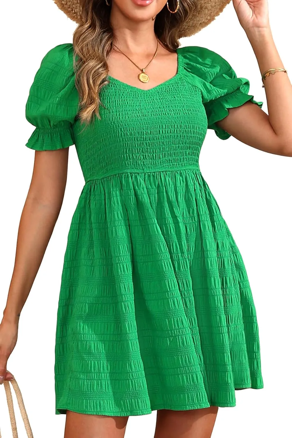 Holipick Womens Summer Dress - Smocked Sweetheart Neckline Puff Sleeve Flowy A-Line Short Cute Casual Spring Dresses for Teen