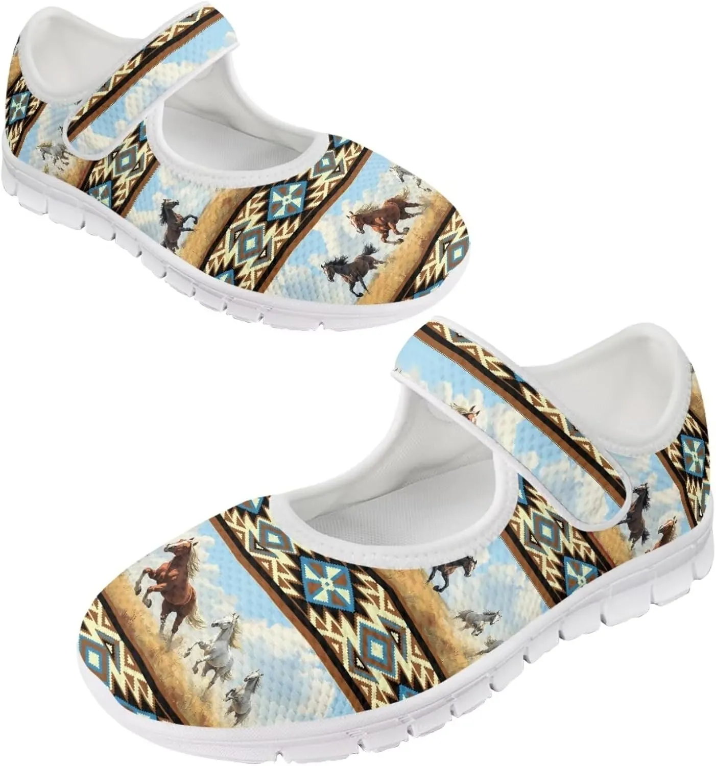 JoyLamoria Aztec Running Horse Walking Shoes Stylish Strap Mary Jane Shoes Adjustable Barefoot Shoes Womens US 4-9