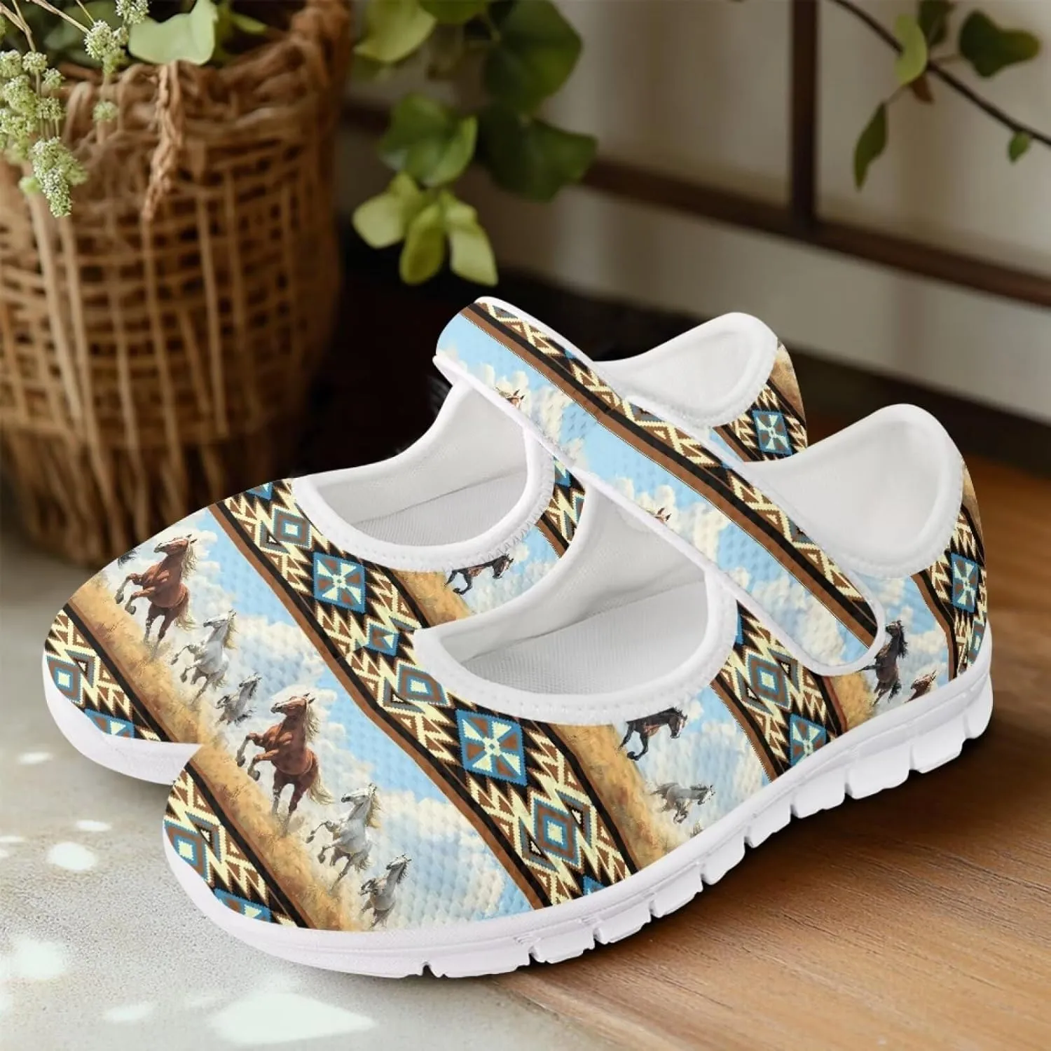 JoyLamoria Aztec Running Horse Walking Shoes Stylish Strap Mary Jane Shoes Adjustable Barefoot Shoes Womens US 4-9