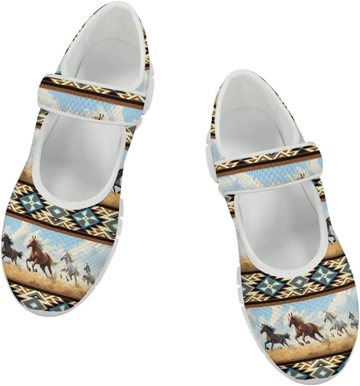 JoyLamoria Aztec Running Horse Walking Shoes Stylish Strap Mary Jane Shoes Adjustable Barefoot Shoes Womens US 4-9