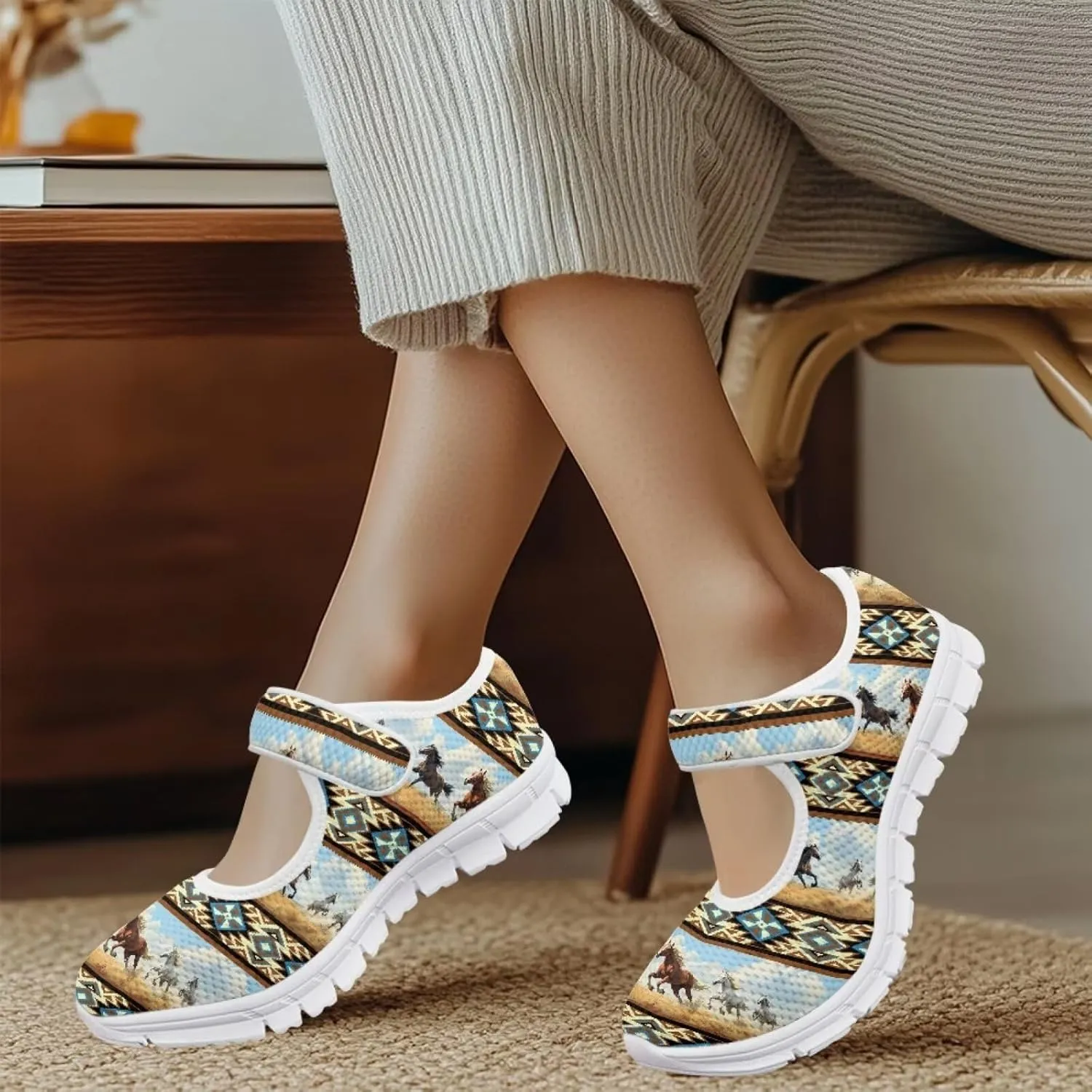 JoyLamoria Aztec Running Horse Walking Shoes Stylish Strap Mary Jane Shoes Adjustable Barefoot Shoes Womens US 4-9