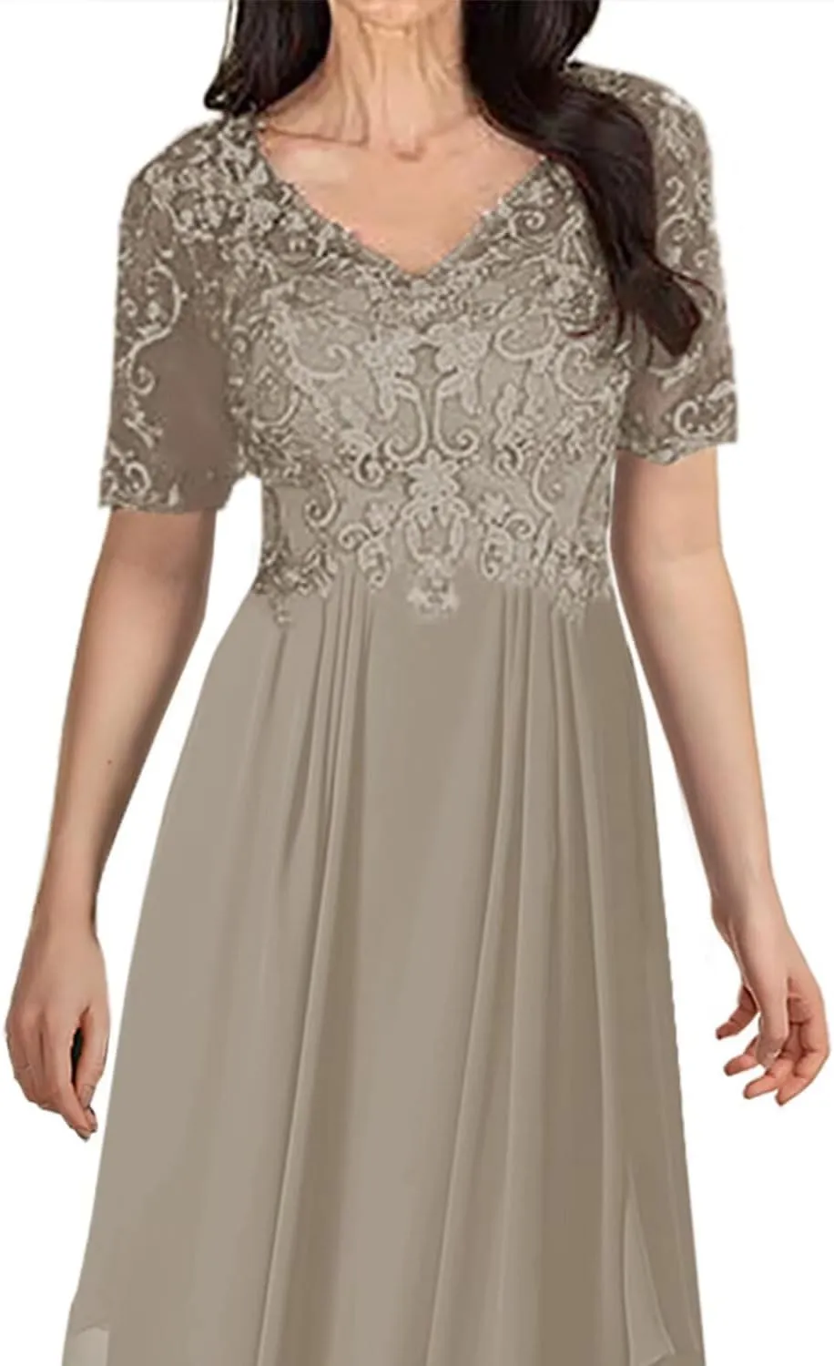 Lace Applique Mother of The Bride Dresses for Wedding Long Chiffon V Neck Formal Evening Gown