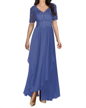 Lace Applique Mother of The Bride Dresses for Wedding Long Chiffon V Neck Formal Evening Gown