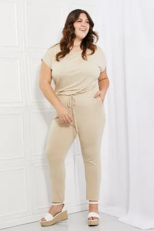 Leisurely Plus Size Boat Neck Beige Jumpsuit