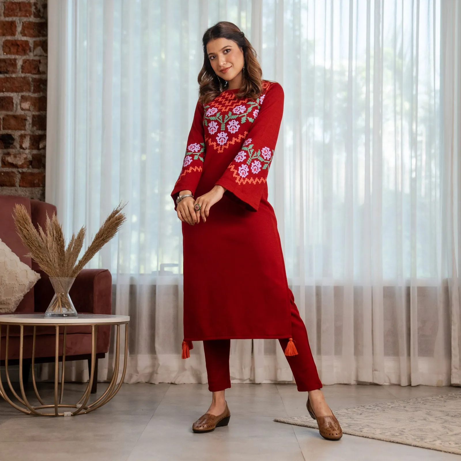 Maroon Acrylic Floral Kurta with Flared Sleeves