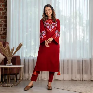 Maroon Acrylic Floral Kurta with Flared Sleeves