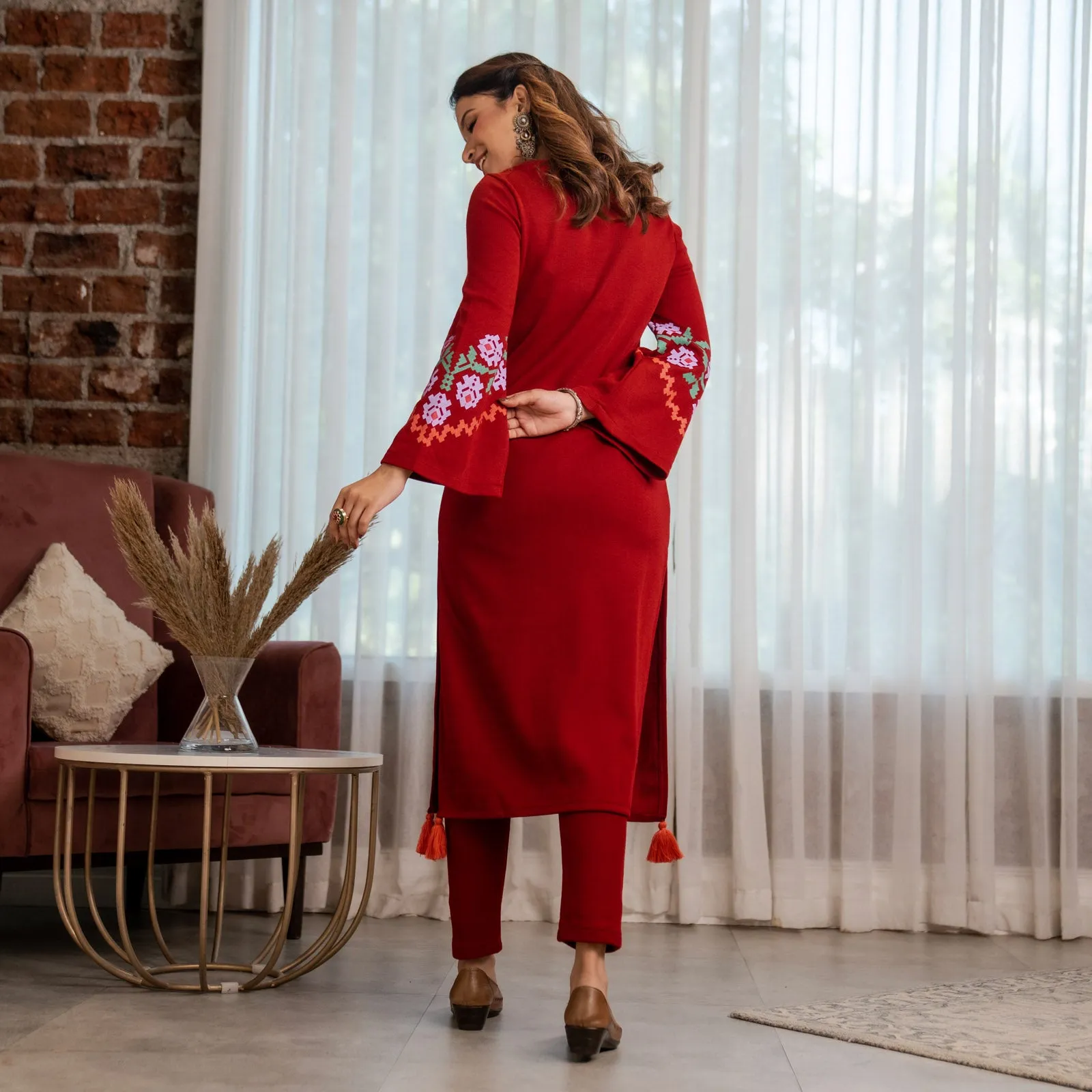 Maroon Acrylic Floral Kurta with Flared Sleeves