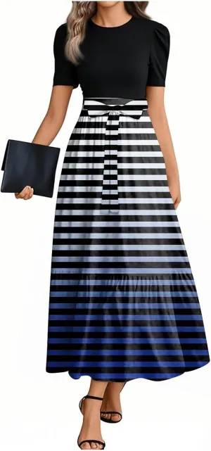 Maxi Dress for Women Spring Crewneck Light Tie Waist Line Short Sleeve Casual Beach High Waist Long Dress