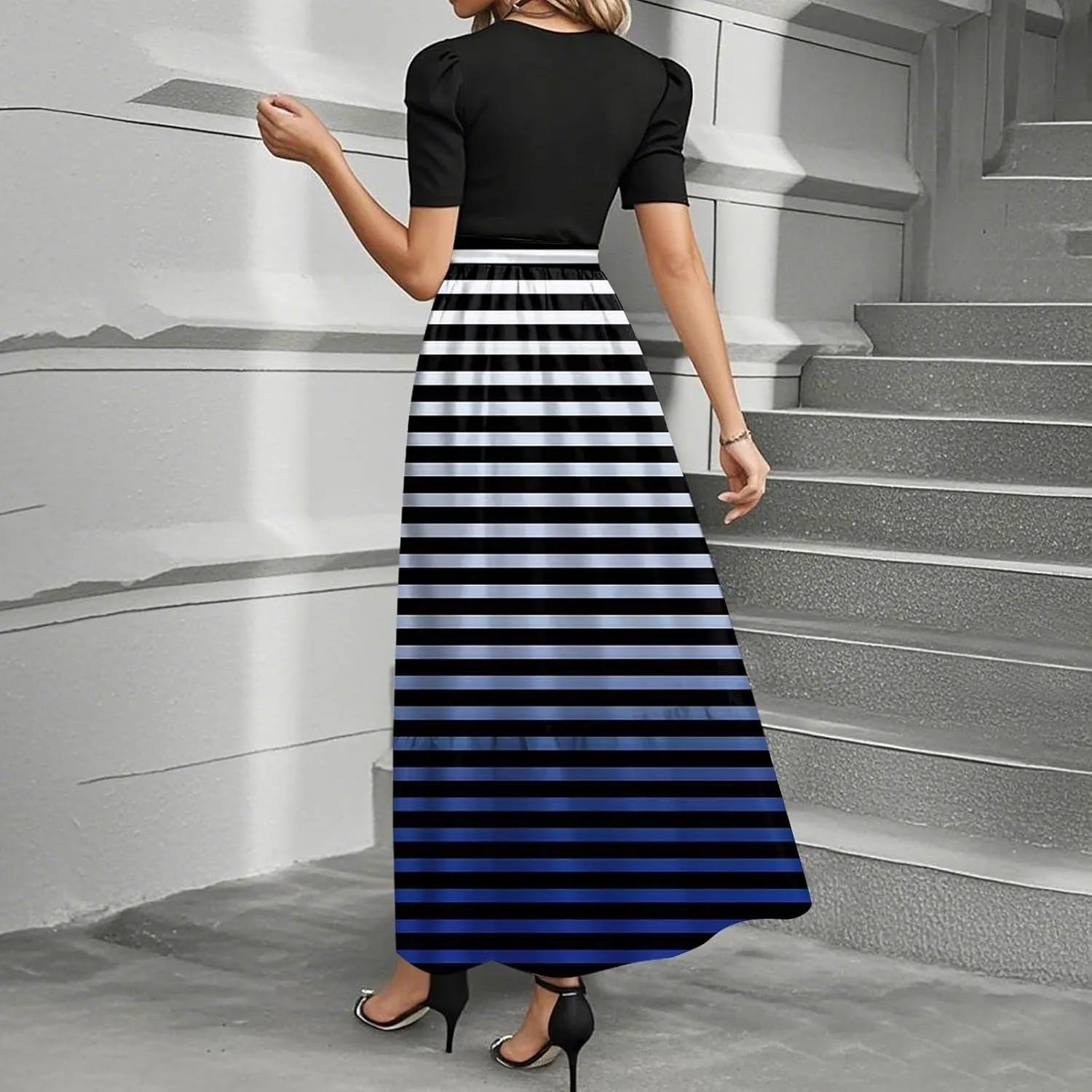 Maxi Dress for Women Spring Crewneck Light Tie Waist Line Short Sleeve Casual Beach High Waist Long Dress