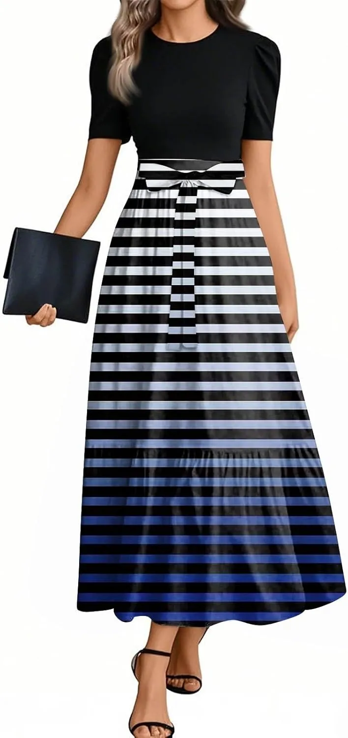 Maxi Dress for Women Spring Crewneck Light Tie Waist Line Short Sleeve Casual Beach High Waist Long Dress