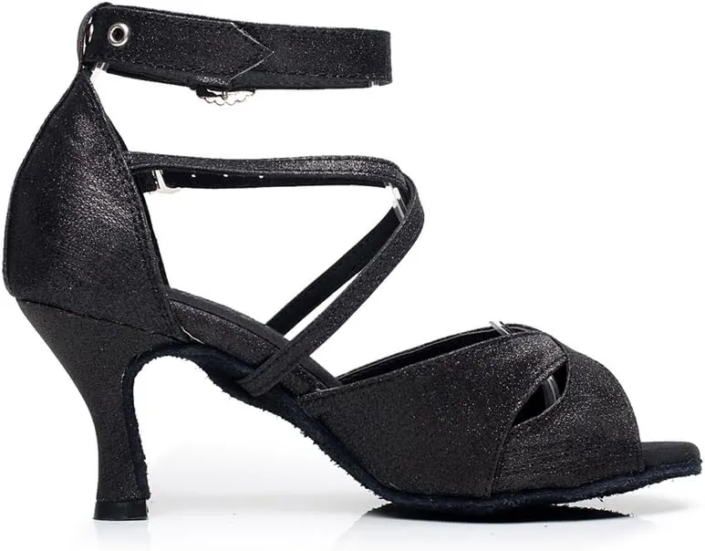 Minishion QJ6214 Women's Double Ankle Strap Glitter Salsa Latin Dance Shoes