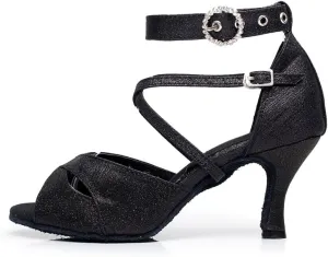 Minishion QJ6214 Women's Double Ankle Strap Glitter Salsa Latin Dance Shoes