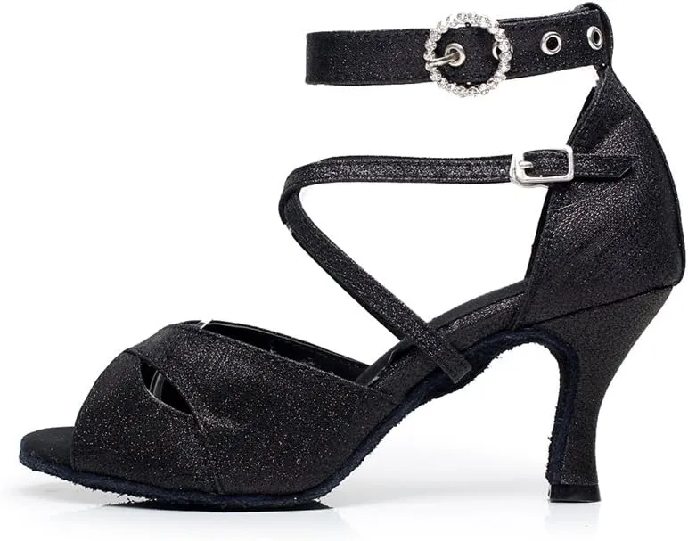 Minishion QJ6214 Women's Double Ankle Strap Glitter Salsa Latin Dance Shoes