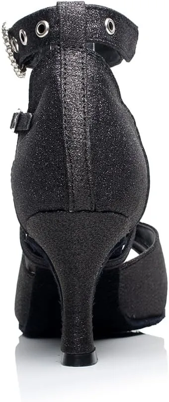 Minishion QJ6214 Women's Double Ankle Strap Glitter Salsa Latin Dance Shoes