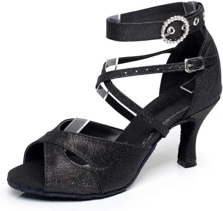 Minishion QJ6214 Women's Double Ankle Strap Glitter Salsa Latin Dance Shoes