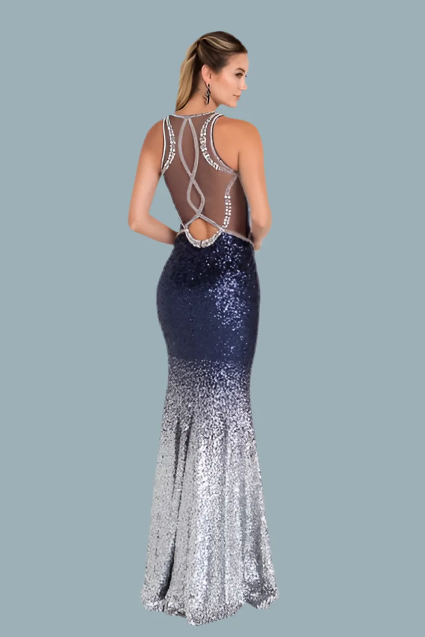 Navy Ombr Sequin Halter Dress