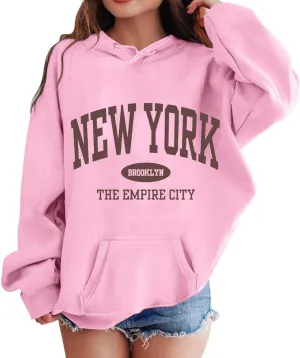 New York Letter Graphic Print Hoodies For Girls Oversized Long Sleeve Casual Spring Pullover Sweatshirt Fashion Tops