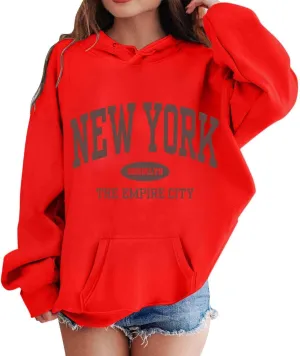 New York Letter Graphic Print Hoodies For Girls Oversized Long Sleeve Casual Spring Pullover Sweatshirt Fashion Tops