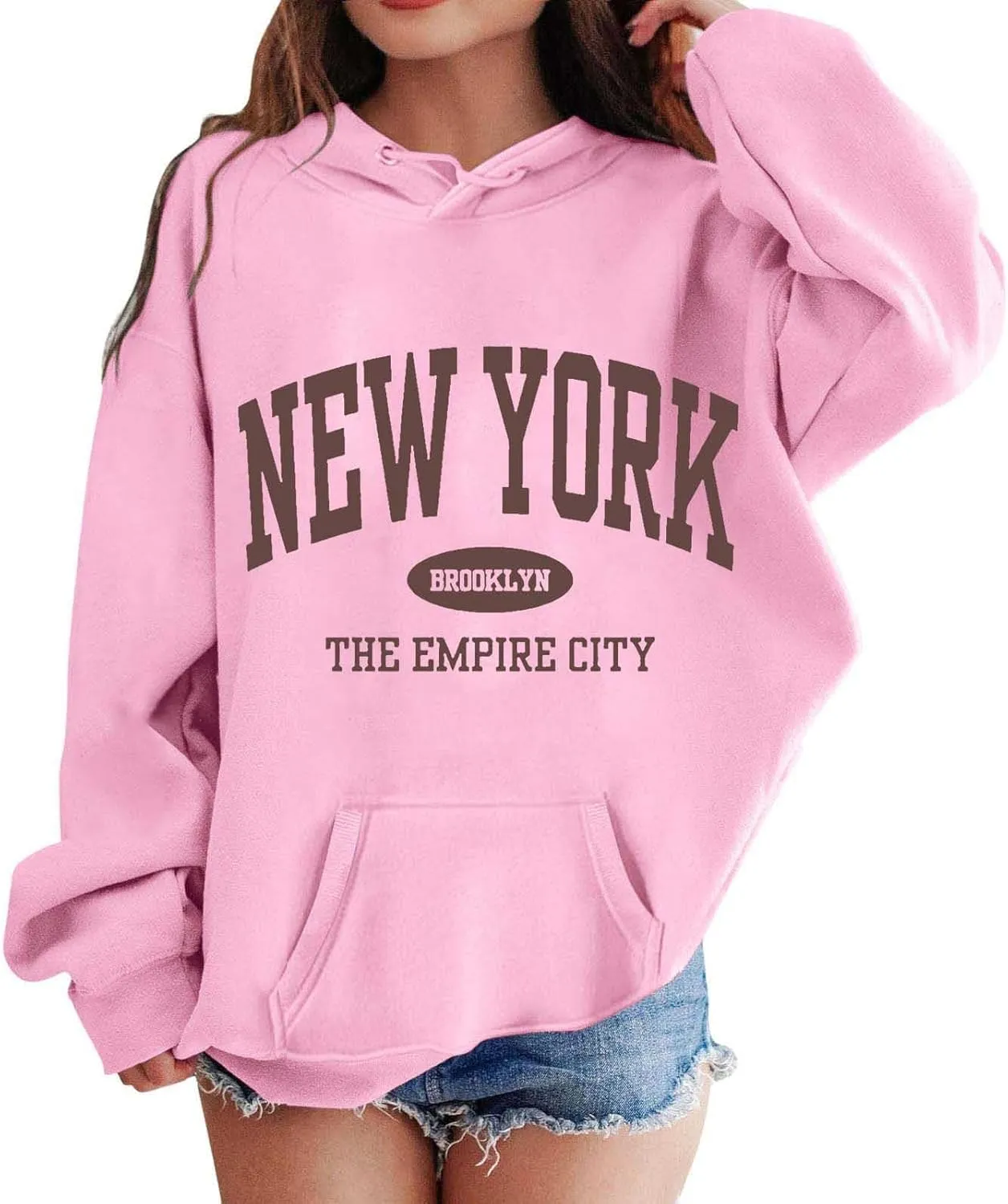 New York Letter Graphic Print Hoodies For Girls Oversized Long Sleeve Casual Spring Pullover Sweatshirt Fashion Tops
