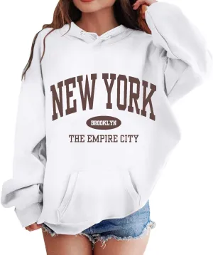 New York Letter Graphic Print Hoodies For Girls Oversized Long Sleeve Casual Spring Pullover Sweatshirt Fashion Tops