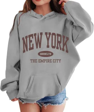New York Letter Graphic Print Hoodies For Girls Oversized Long Sleeve Casual Spring Pullover Sweatshirt Fashion Tops