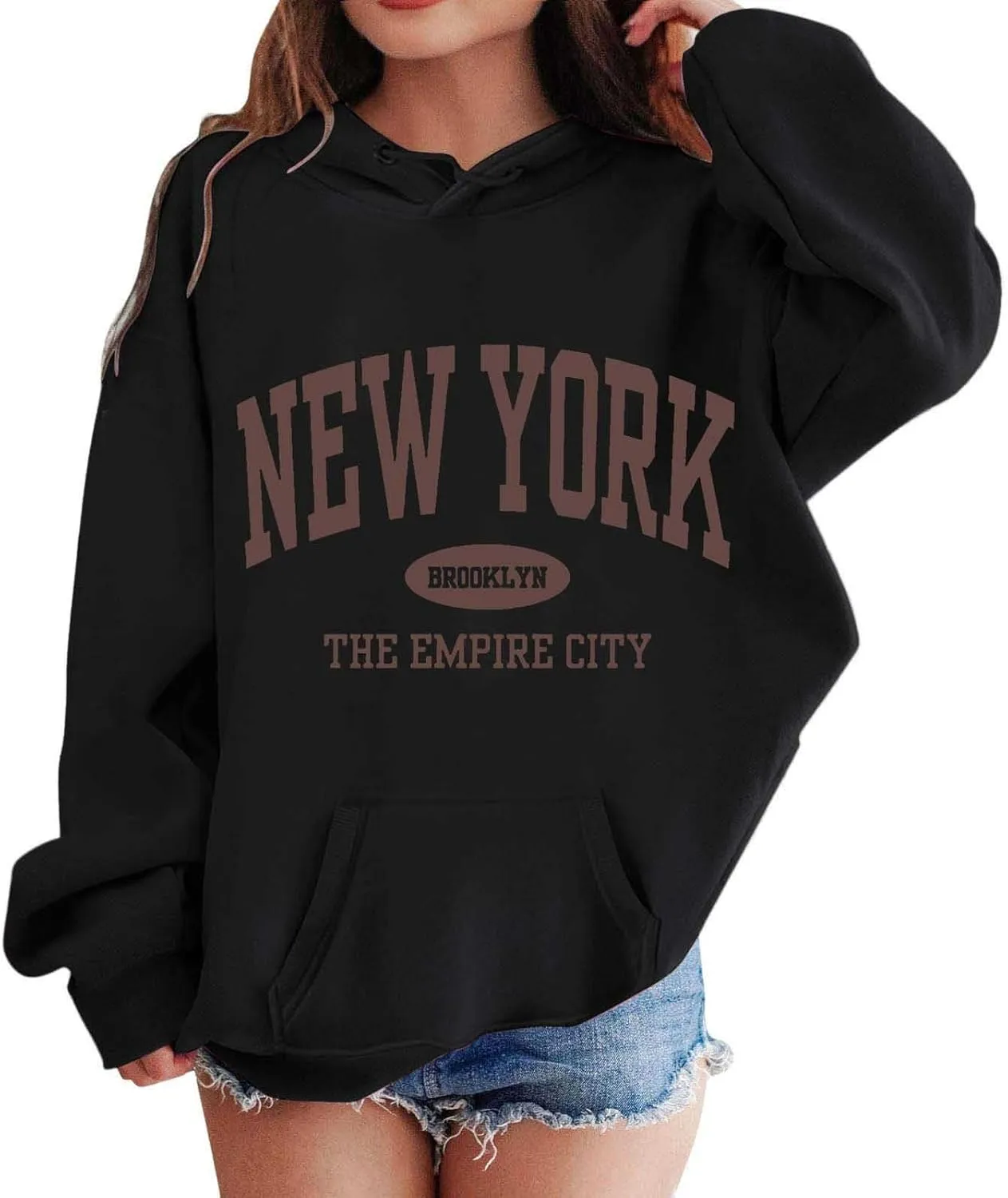New York Letter Graphic Print Hoodies For Girls Oversized Long Sleeve Casual Spring Pullover Sweatshirt Fashion Tops