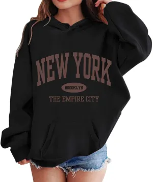 New York Letter Graphic Print Hoodies For Girls Oversized Long Sleeve Casual Spring Pullover Sweatshirt Fashion Tops