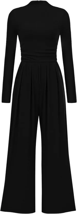 PRETTYGARDEN Womens Jumpsuit Dressy Casual Spring Fall Fashion One Piece Outfits Long Sleeve Mock Neck Wide Leg Pants Rompers